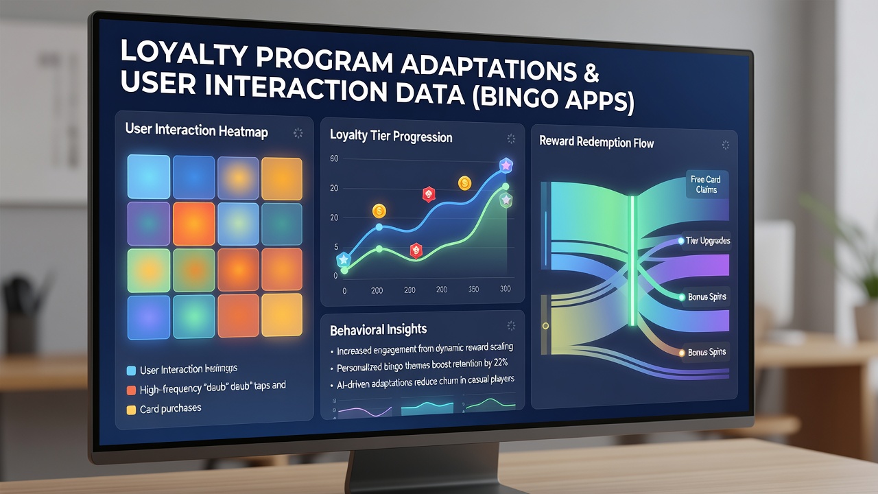 Team reviewing bingo app user data visualizations to adapt loyalty program tiers and rewards